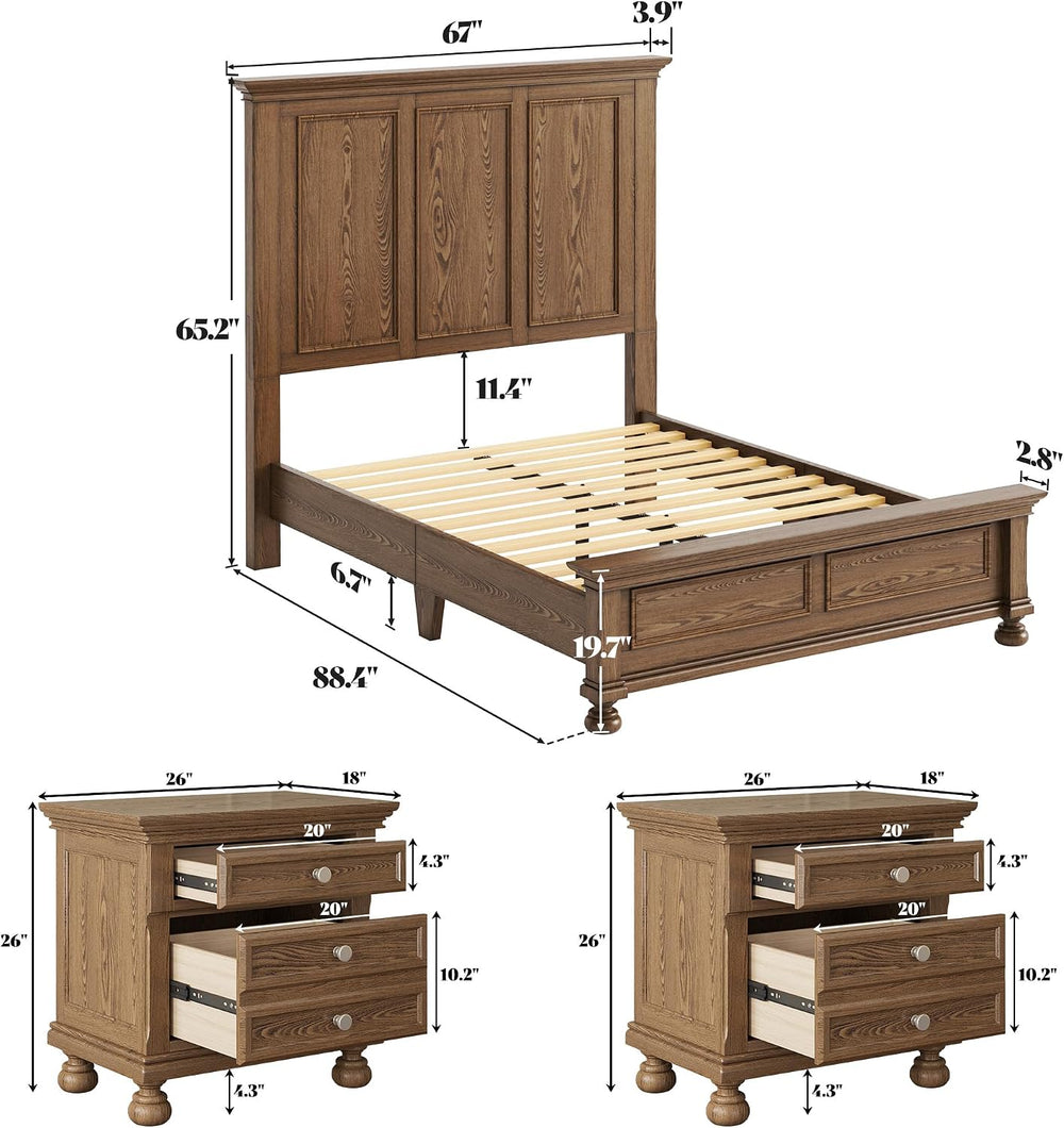 AMERLIFE Solid Wood 3-Piece Set, Queen Bed & 2 Nightstands, Light Brown