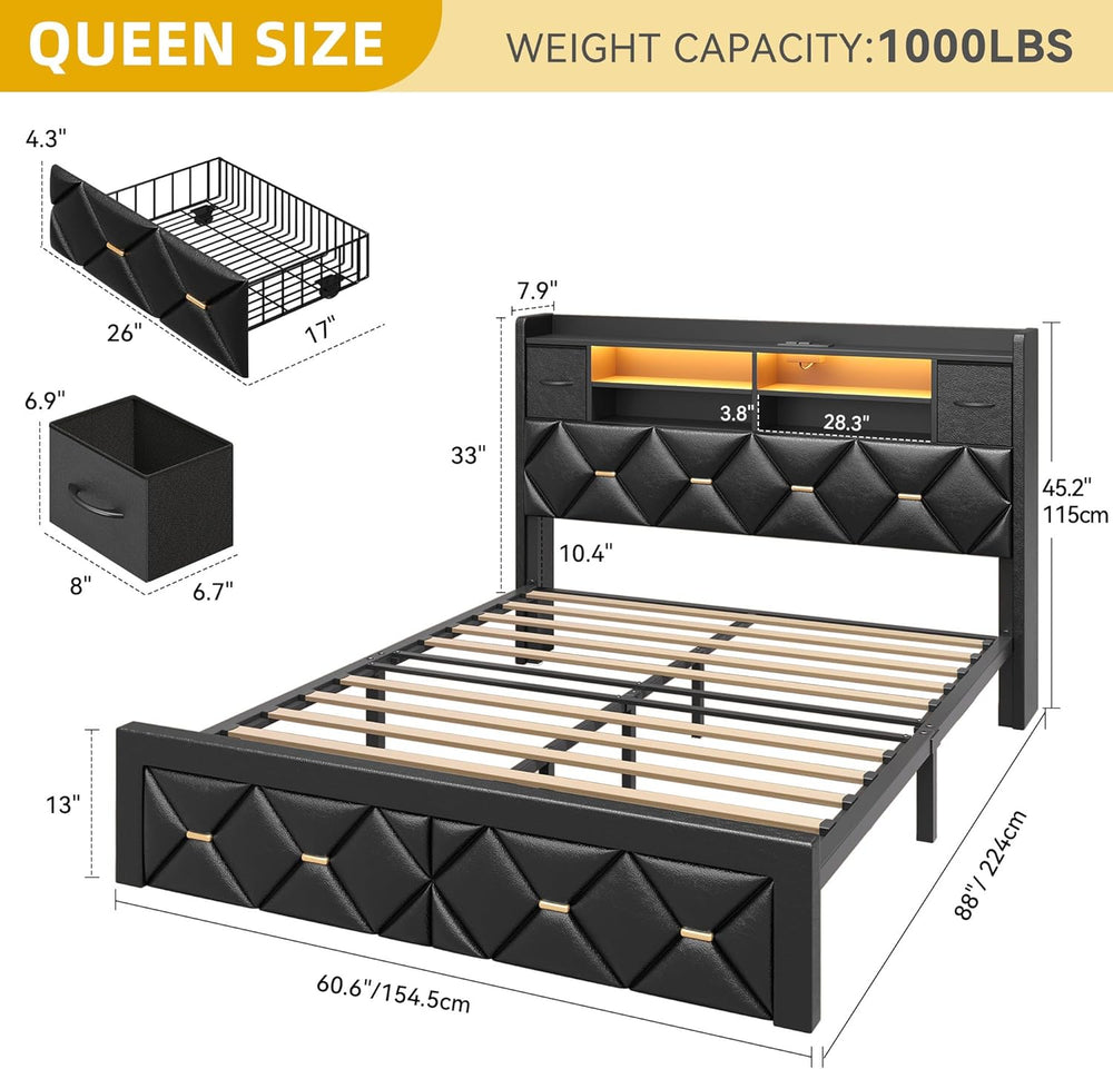 YITAHOME Queen Size Bed Frame with 2 Storage Drawers and Storage Headboard