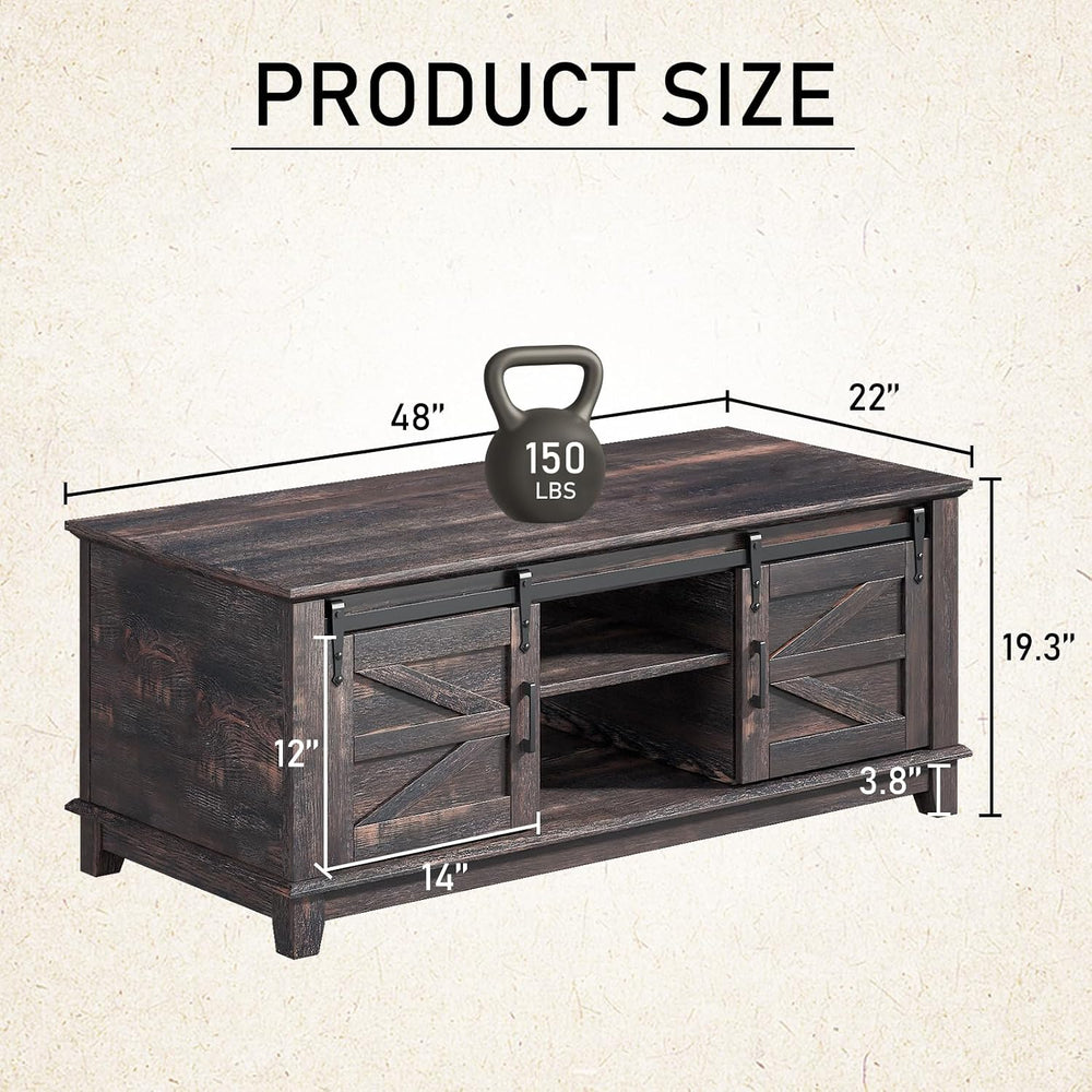 LUXOAK 48" Farmhouse Coffee Table with Sliding Barn Doors, Dark Rustic Oak