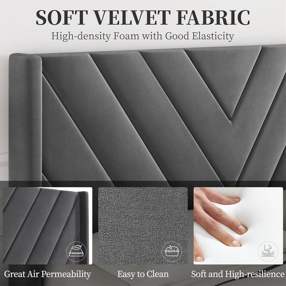 Yaheetech Queen Bed Frame with Chevron Channel-Tufted Headboard, Deep Gray