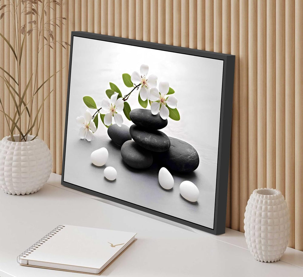 Framed Zen Stone Flower Canvas Wall Art Orchid Flower Black White Zen Stone P...