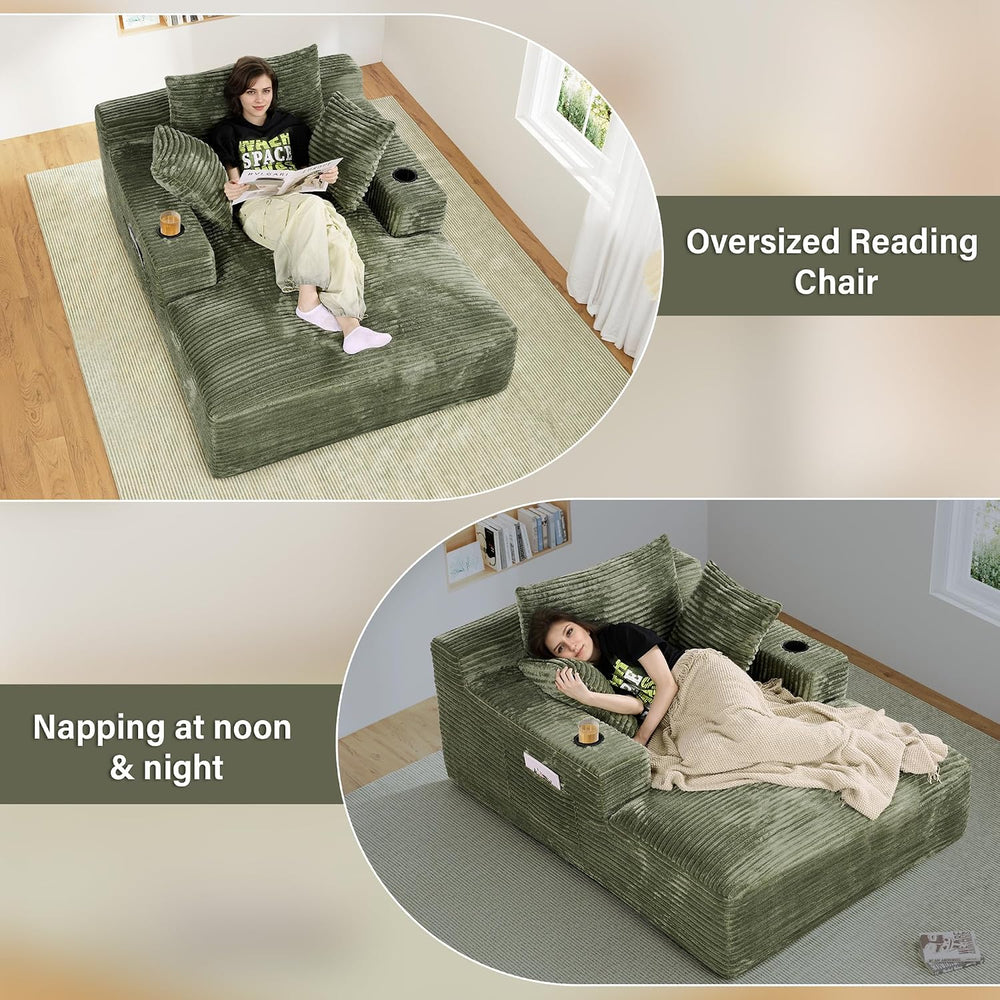 68" Oversized Boneless Chaise Lounge Chair Indoor with Cup Holders,Green