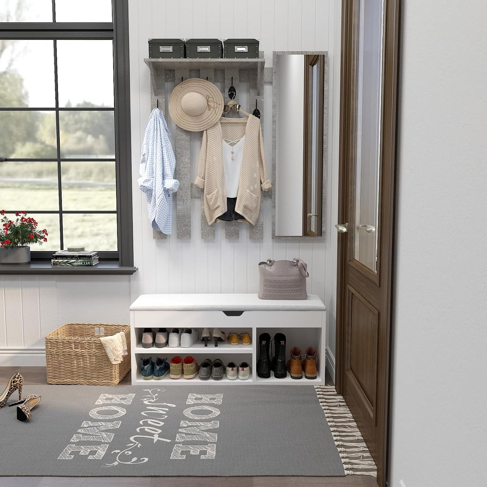 39.4" Coat Rack Wall Mount with Mirror, Wall Shelf with 5 Hooks and Stor...