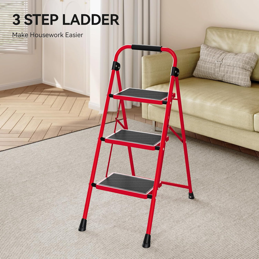 KINGRACK 3 Step Ladder, Folding Step Stool with Anti-Slip Wide Pedal