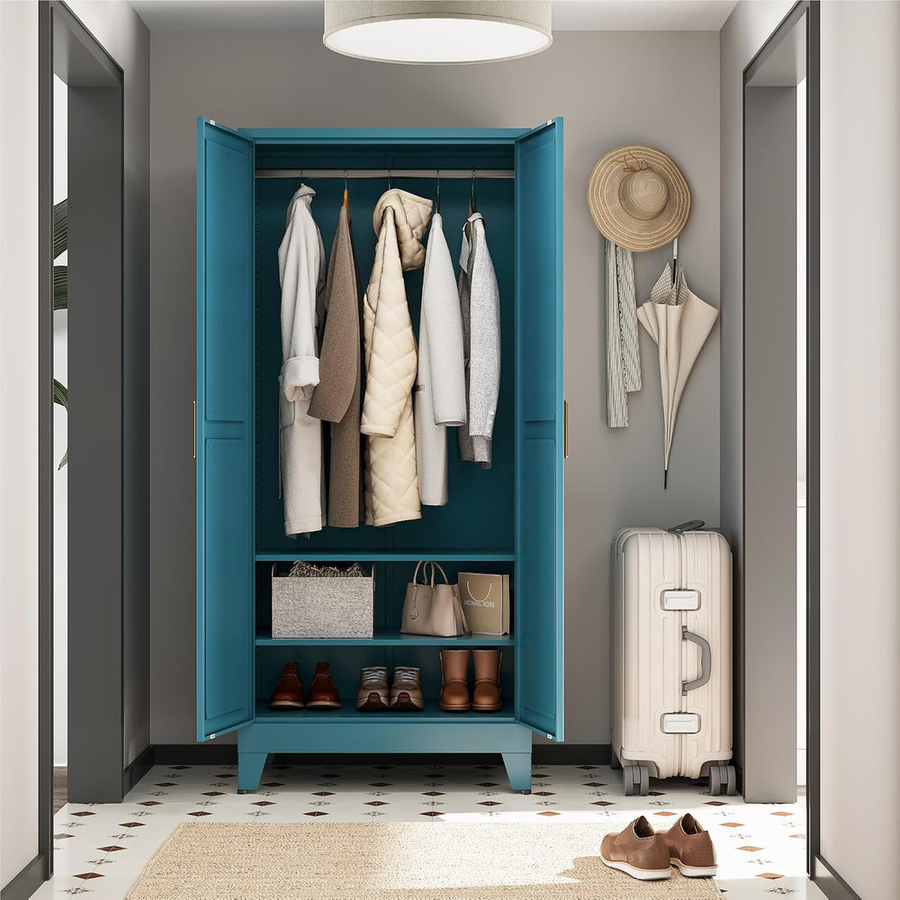 Metal Wardrobe Closet with Doors and Shelves, 71" Farmhouse Bedroom Armo...