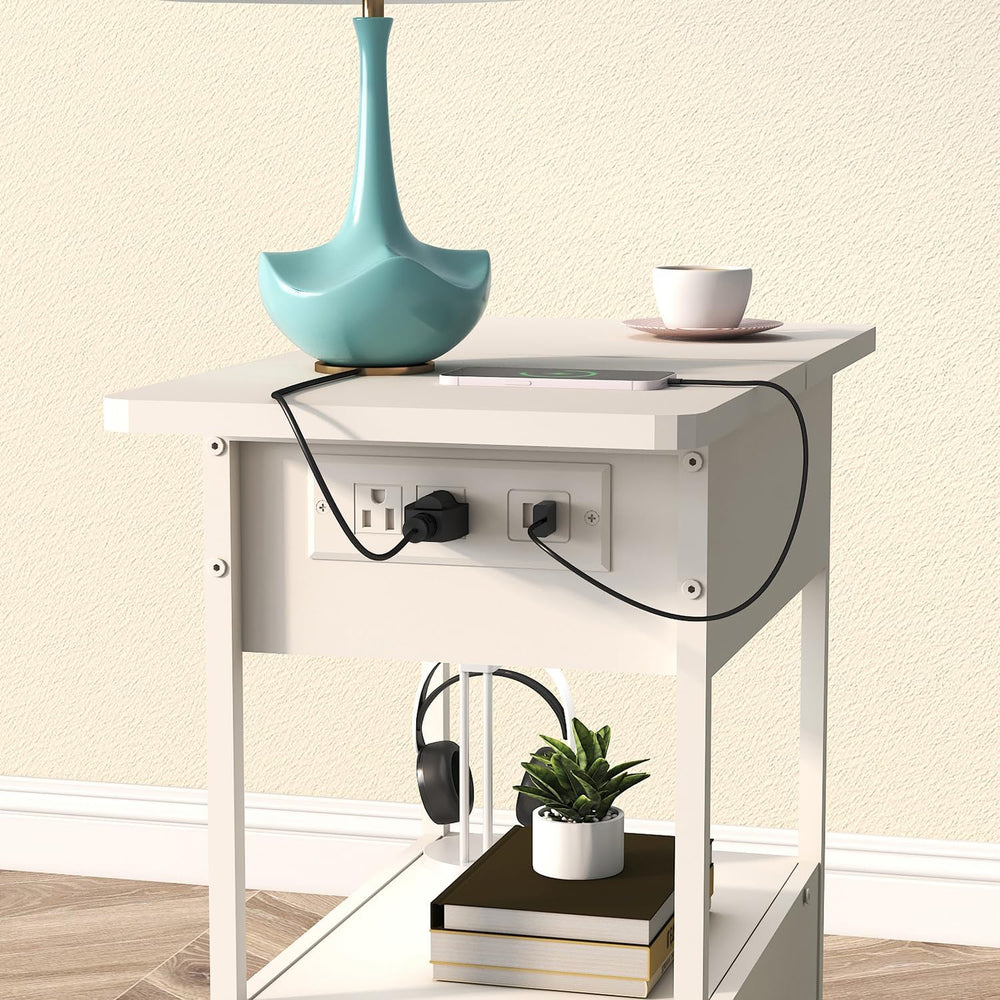 SOOWERY End Table with Charging Station, Narrow Side Table for Living Room