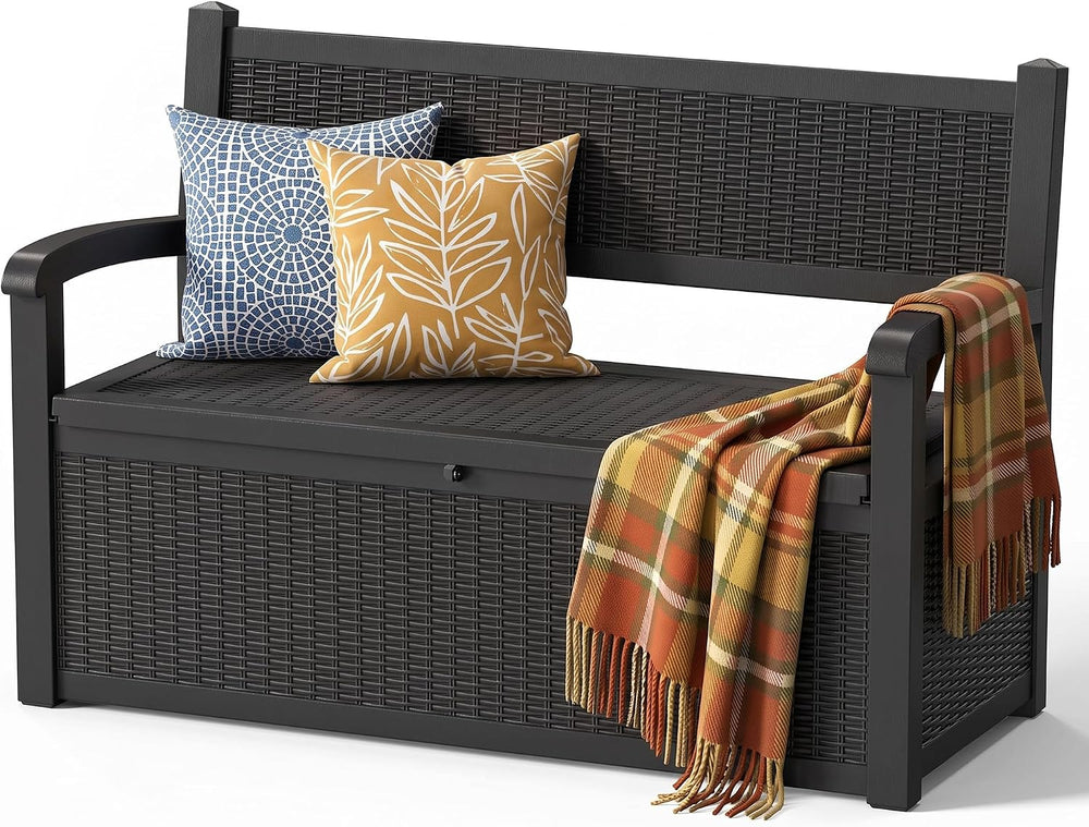 120 Gallon Outdoor Storage Bench Lockable, Rattan Black