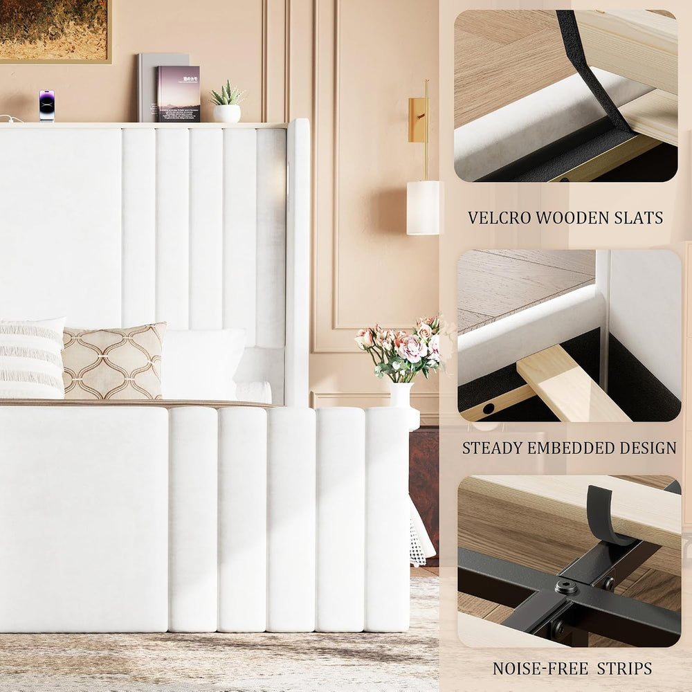 55" Tall Queen Size Platform Bed Frame with 2 Reading Lights, Cream