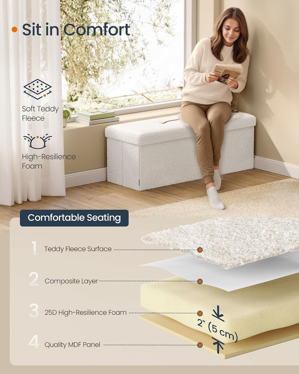 SONGMICS Large Folding Storage Ottoman Bench, 15 x 43 x 15 Inches
