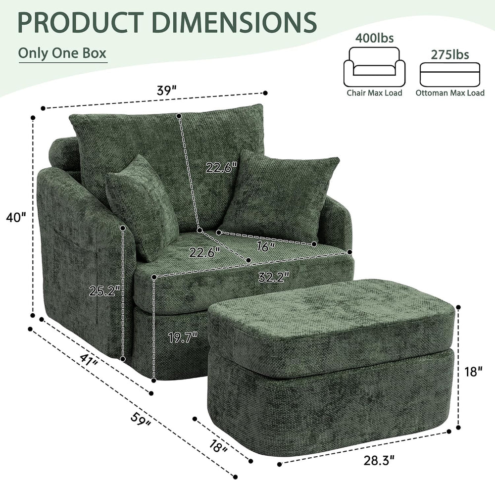 Swivel 39" Accent Chair with Ottoman & Pillows (Chenille Green)
