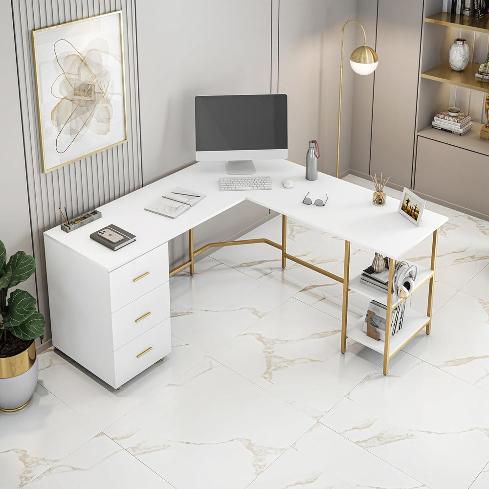 Techni Mobili 59" Two-Tone L‑Shaped Office Desk with Storage Shelves, Gold