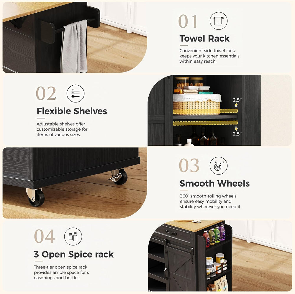 IRONCK Kitchen Island with Storage, Drop Leaf Countertop, Black