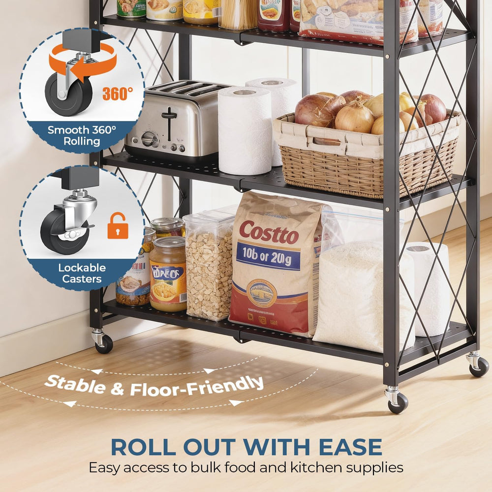 5-Tier Folding Metal Storage Rack - 63" Heavy-Duty Steel Frame with Whee...