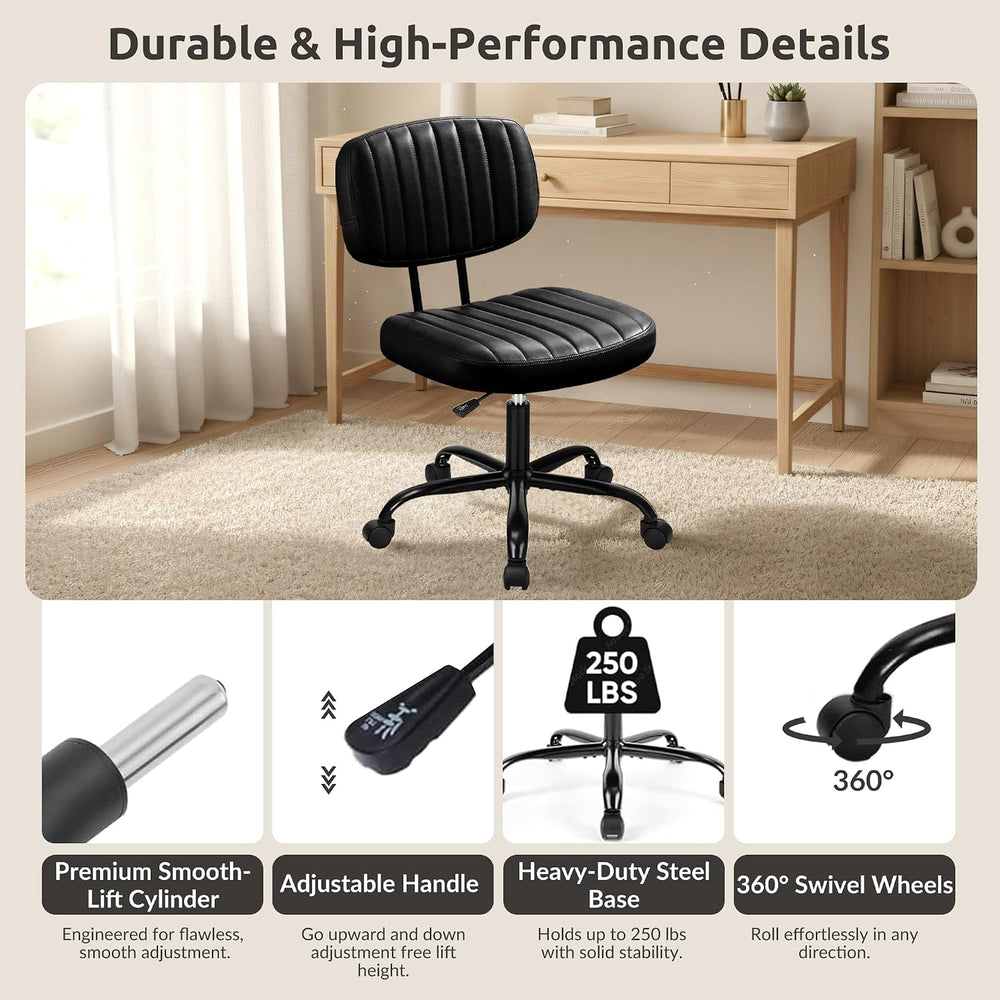 Swivel Rolling Office Chair, Armless Pu Leather Vanity Chair with Back Lumbar...
