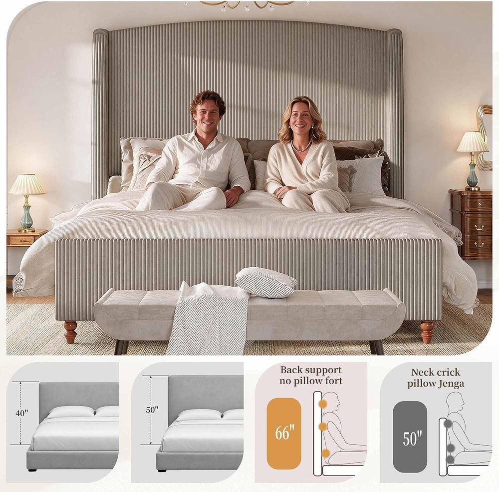 King Size Upholstered Platform Bed Frame with 66" Tall Headboard, Gray