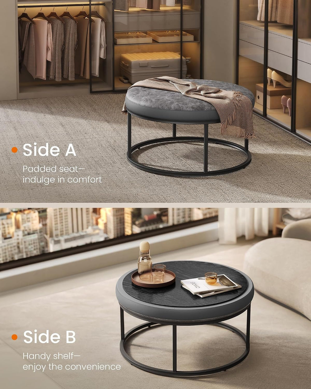 SONGMICS HOME Ottoman, Round Coffee Table, Reversible Top, Steel Frame