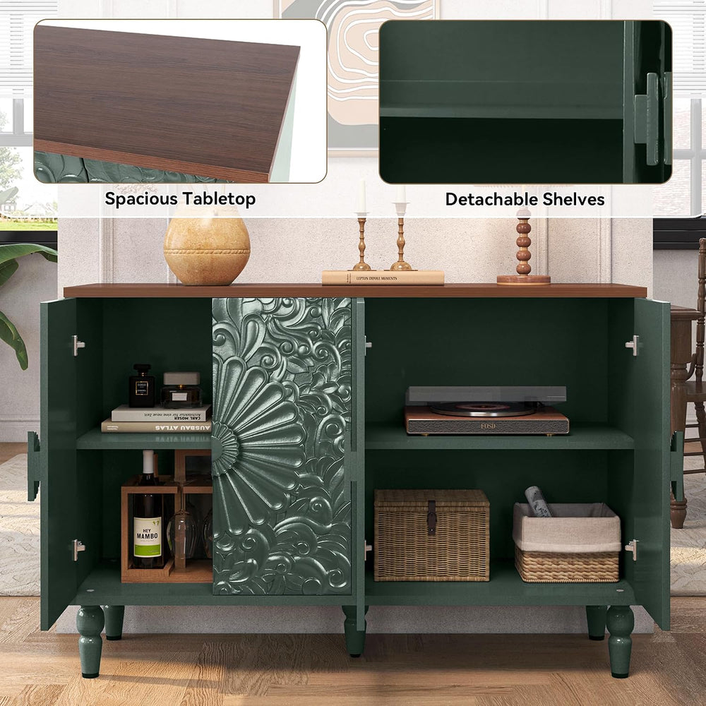 Accent Cabinet with 4 Vintage Carved Flower Doors, Green