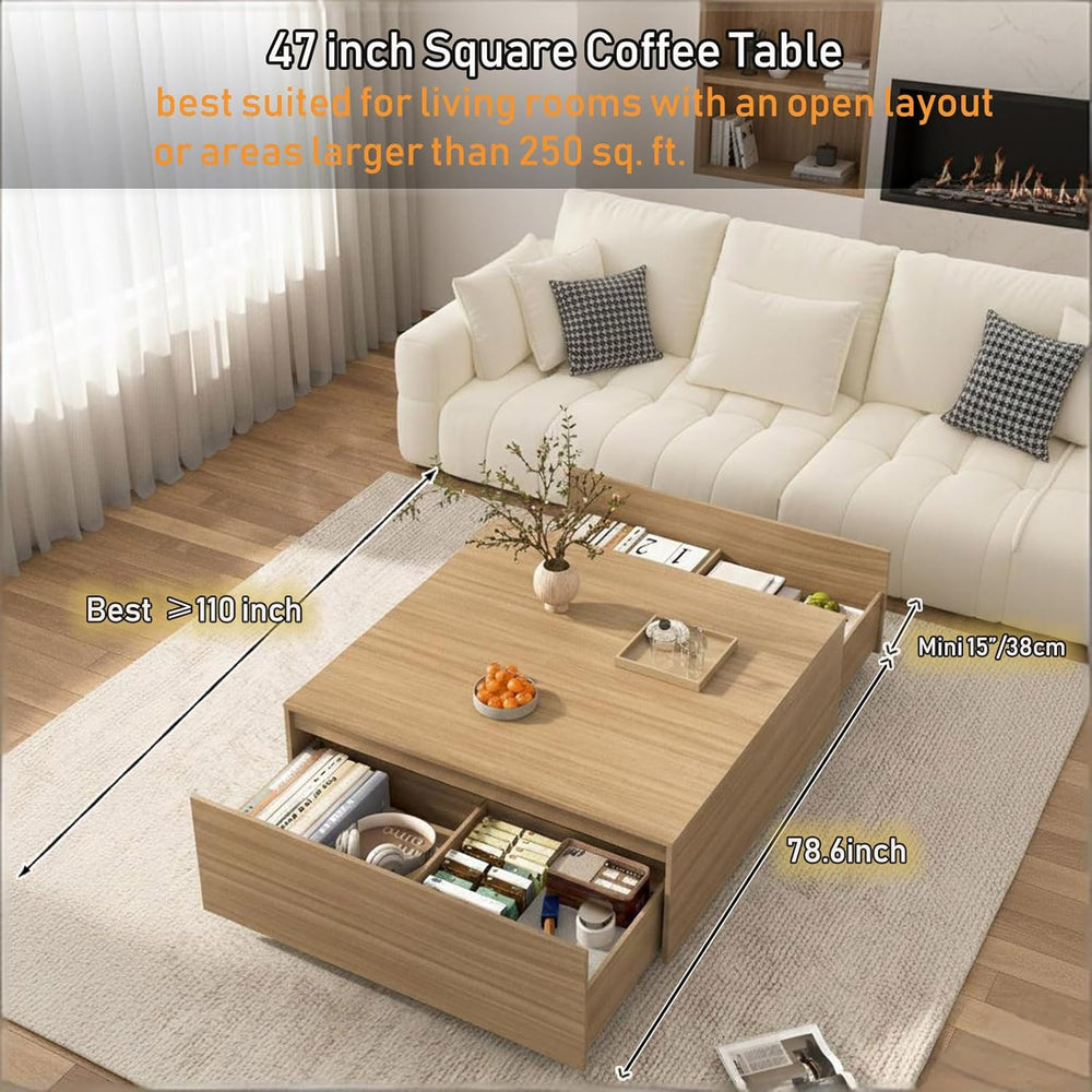 47 Inch Large Square Coffee Table with Storage,Wooden Coffee Table((OAK)