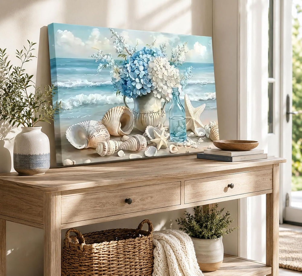 YKVDOROK Blue Ocean Beach Wall Art Coastal Bathroom Canvas Wall Decor