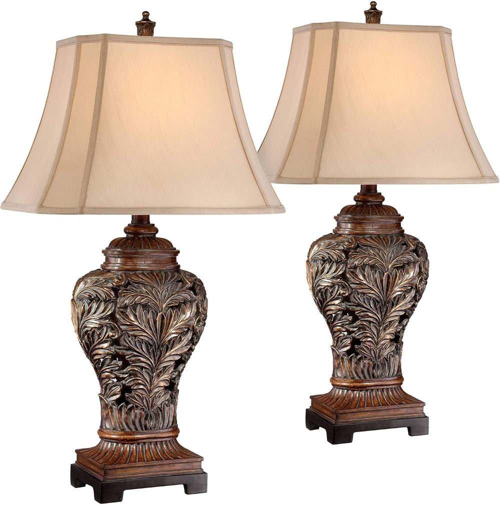 Oak 32 1/2" Bronze Brown Large Table Lamps Set of 2 Leafwork Cottage