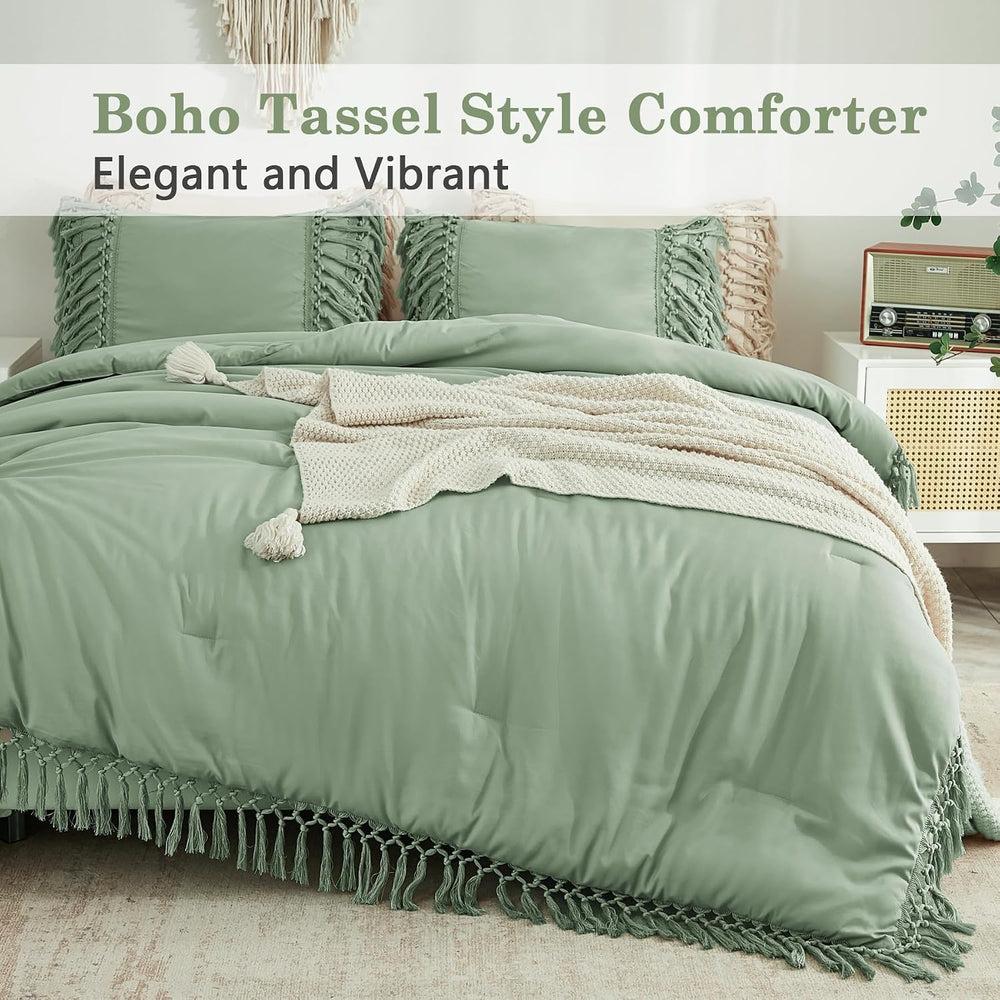 Andency Sage Green Comforter Set King, 3 Pieces Boho Tassel Bedding