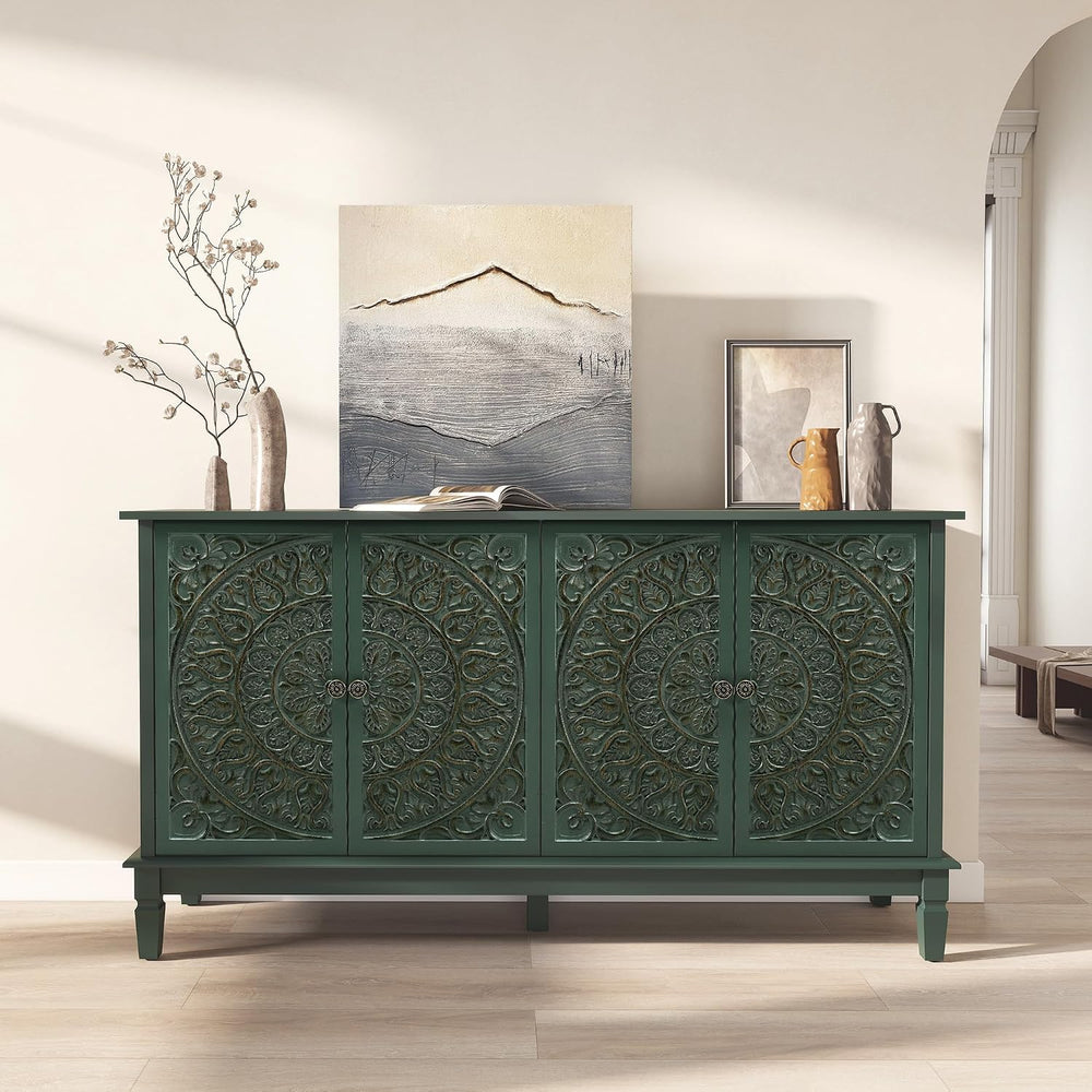 59" Solid Wood Buffet Cabinet, Accent Cabinet, 4 Carved Doors