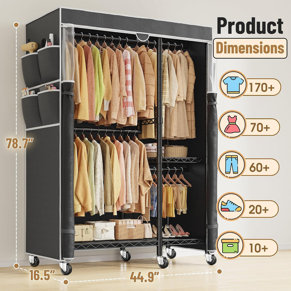 Raybee Clothes Rack with Cover, Rolling Portable Closet, 4 Hanging Zones