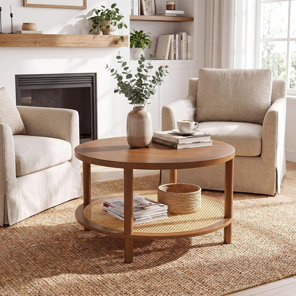 GIANTEX Rattan Coffee Table, 31.5" Round Center Table with Storage &...