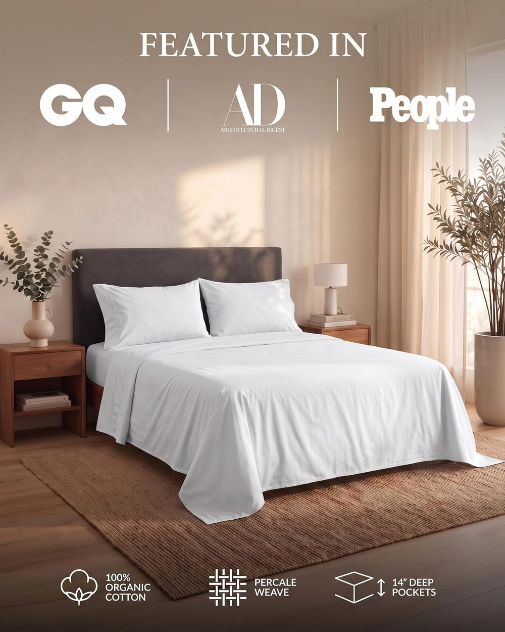LANE LINEN Full Size Sheets 100% Organic Cotton 4pc Percale Cooling - White