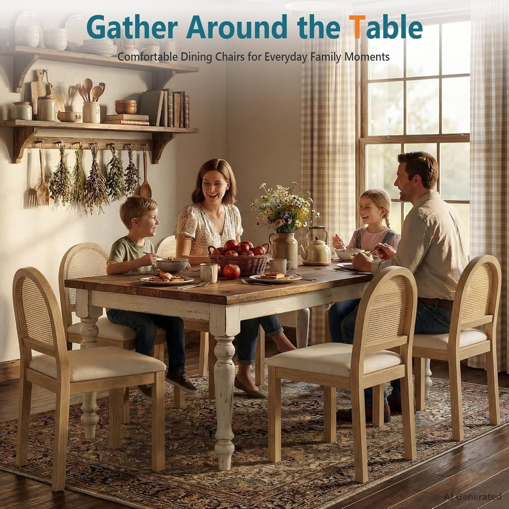 Upholstered Rattan Dining Chairs Set of 6, Farmhouse Wooden Kitchen Chair