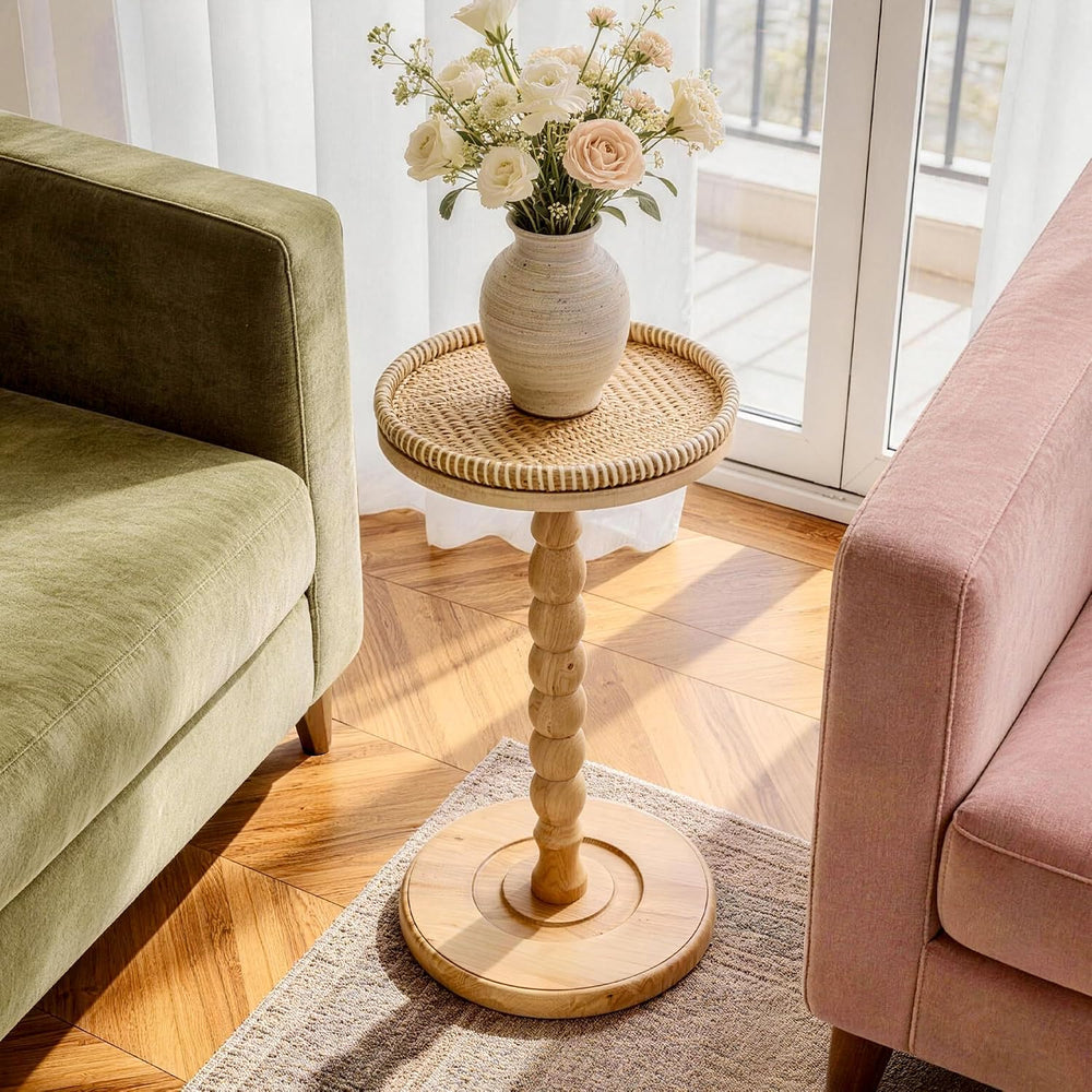 Rattan Round Side Table, Rubberwood Small Drink Table for Small Spaces