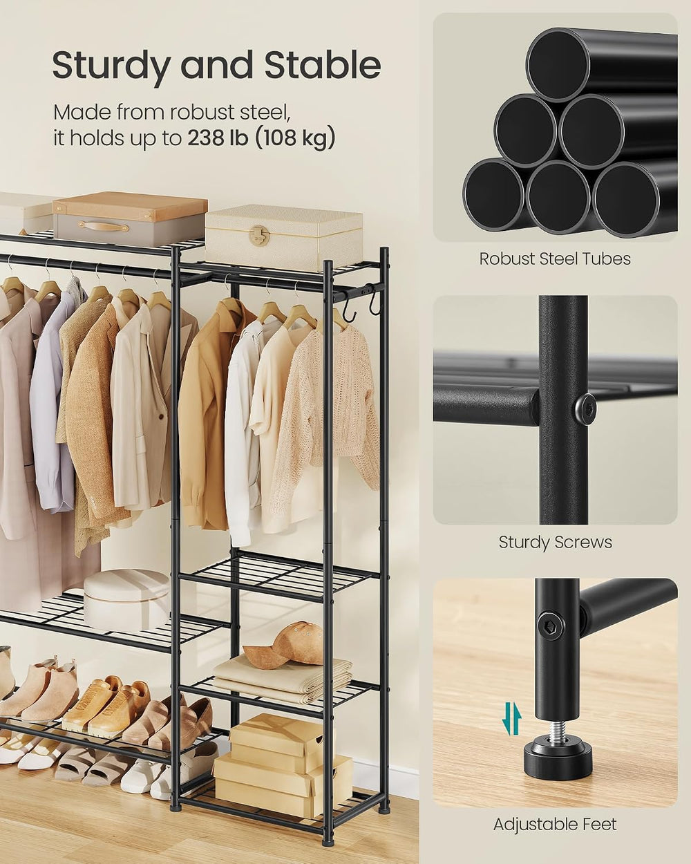SONGMICS Portable Closet Wardrobe, Freestanding Clothing Rack, Black