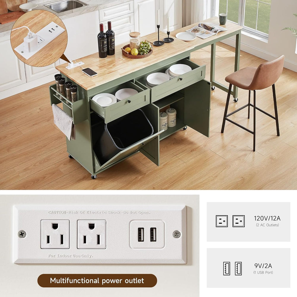 Kitchen Islands with Extendable Dining Table, Mobile Storage Islands, Green