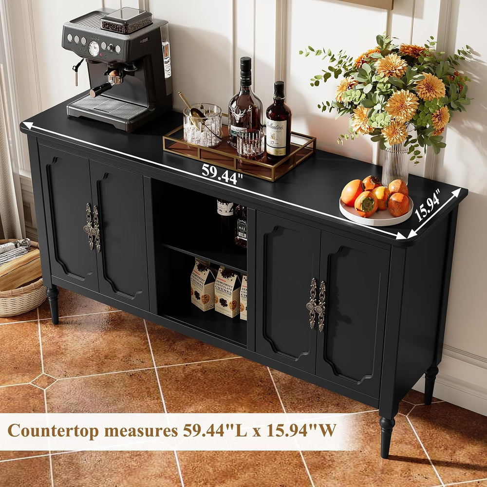 59" Vintage Sideboard Buffet Cabinet with Adjustable Shelves, Black
