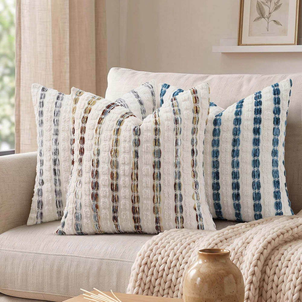 decorUhome Chenille Tufted Stripe Throw Pillow Covers 20x20 Set of 2 Blue