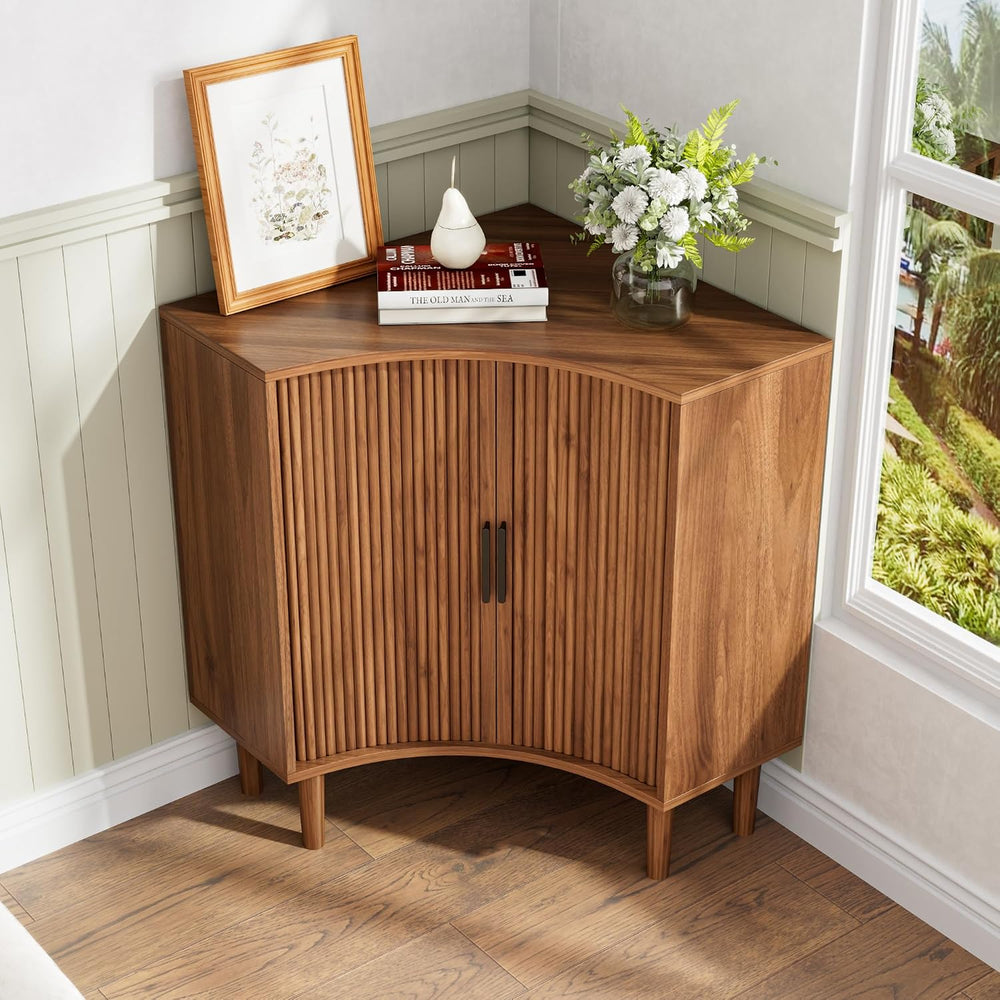 Lxsxlome Fluted Corner Cabinet with Sliding Doors and Adjustable Shelves