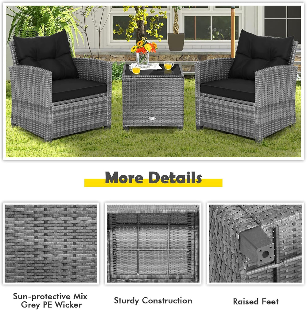 Tangkula 3 Pieces Patio Furniture Set, Outdoor PE Rattan Conversation Chair S...