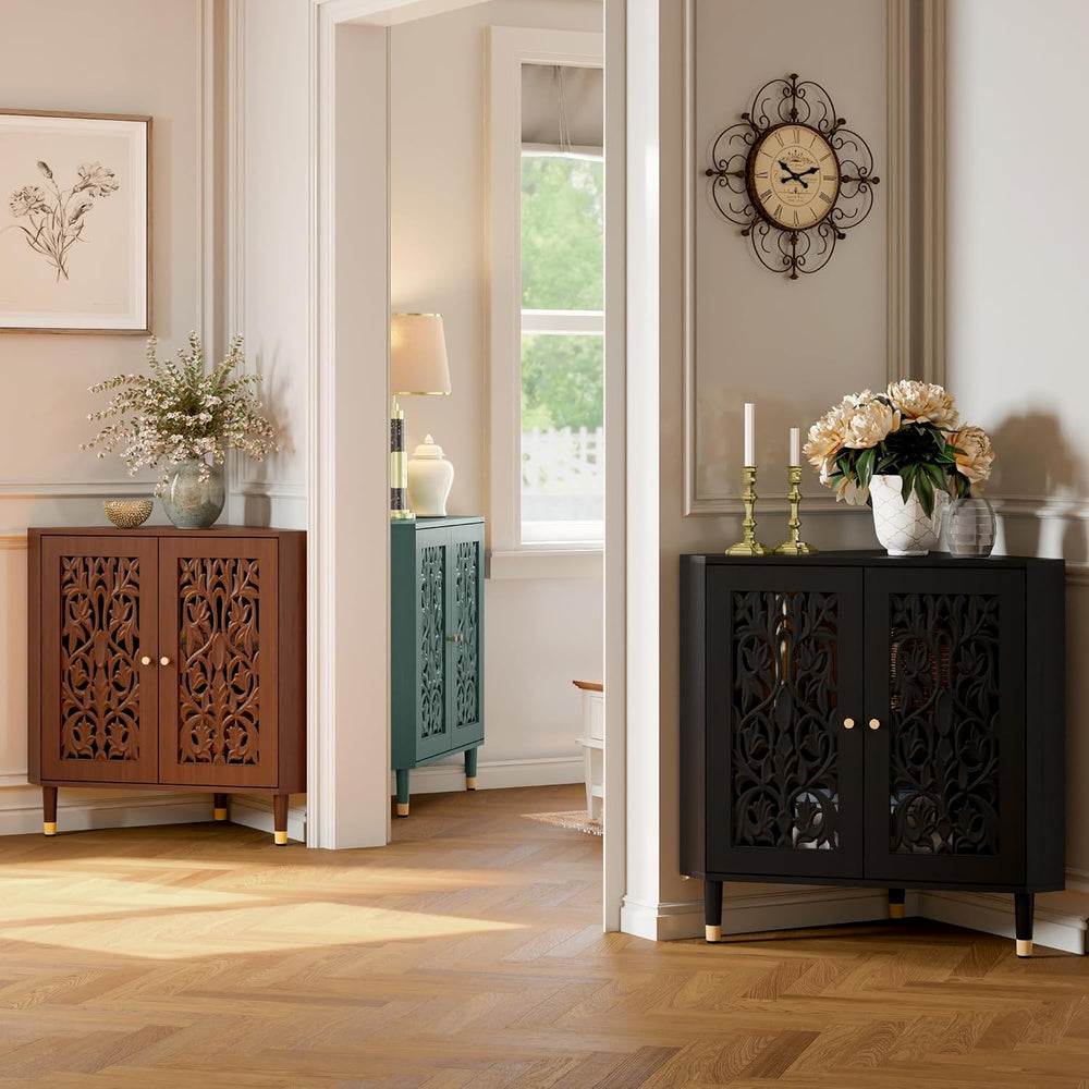 3More Retro Hollow Carved 2-Door Accent Corner Storage Cabinet, Brown