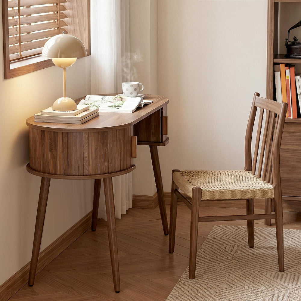 AVZEAR 43" Oval Fluted Home Office Desk, Small Writing Computer Desk,Walnut