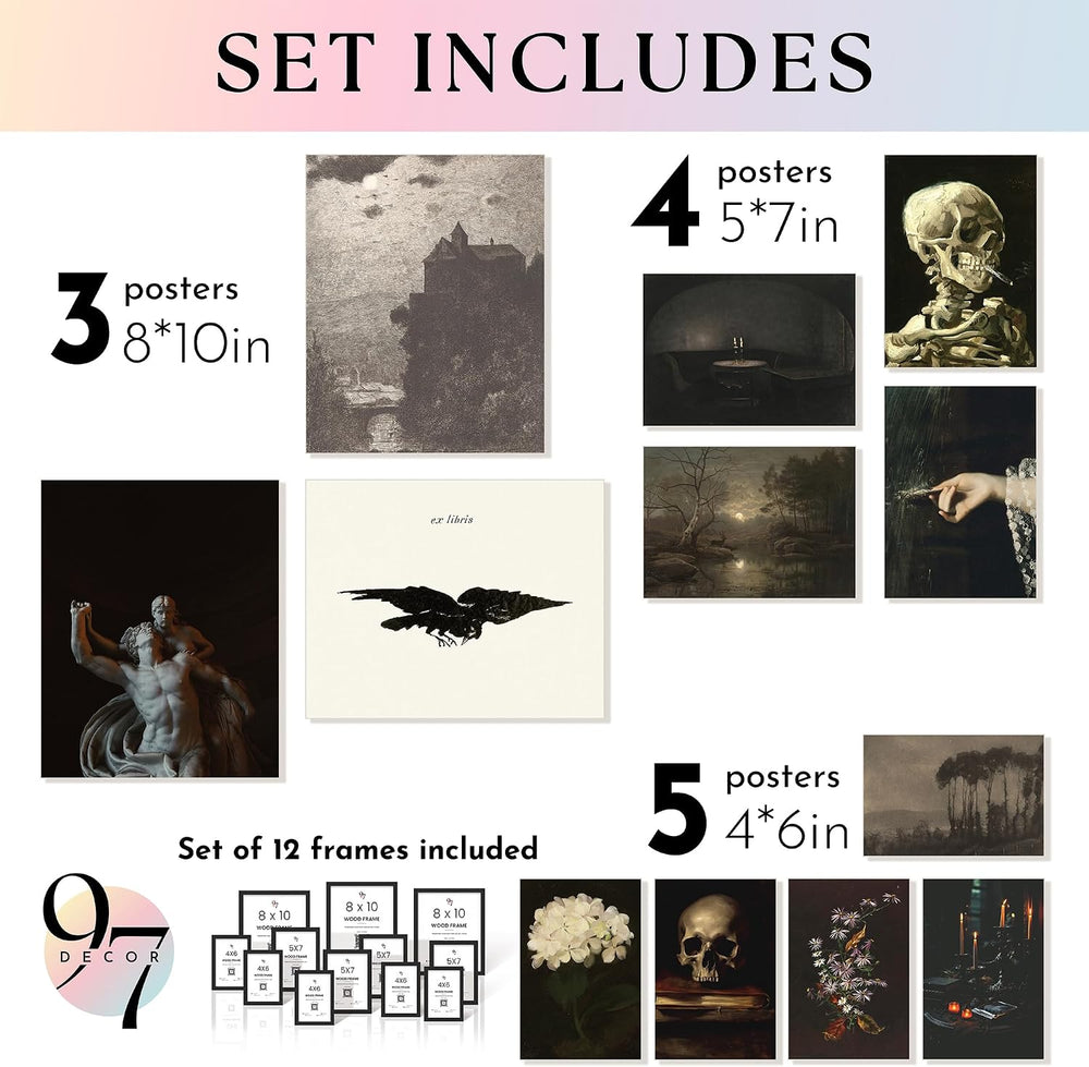 97 Decor Framed Gothic Wall Art, 12 Dark Academia Prints, Black Frame