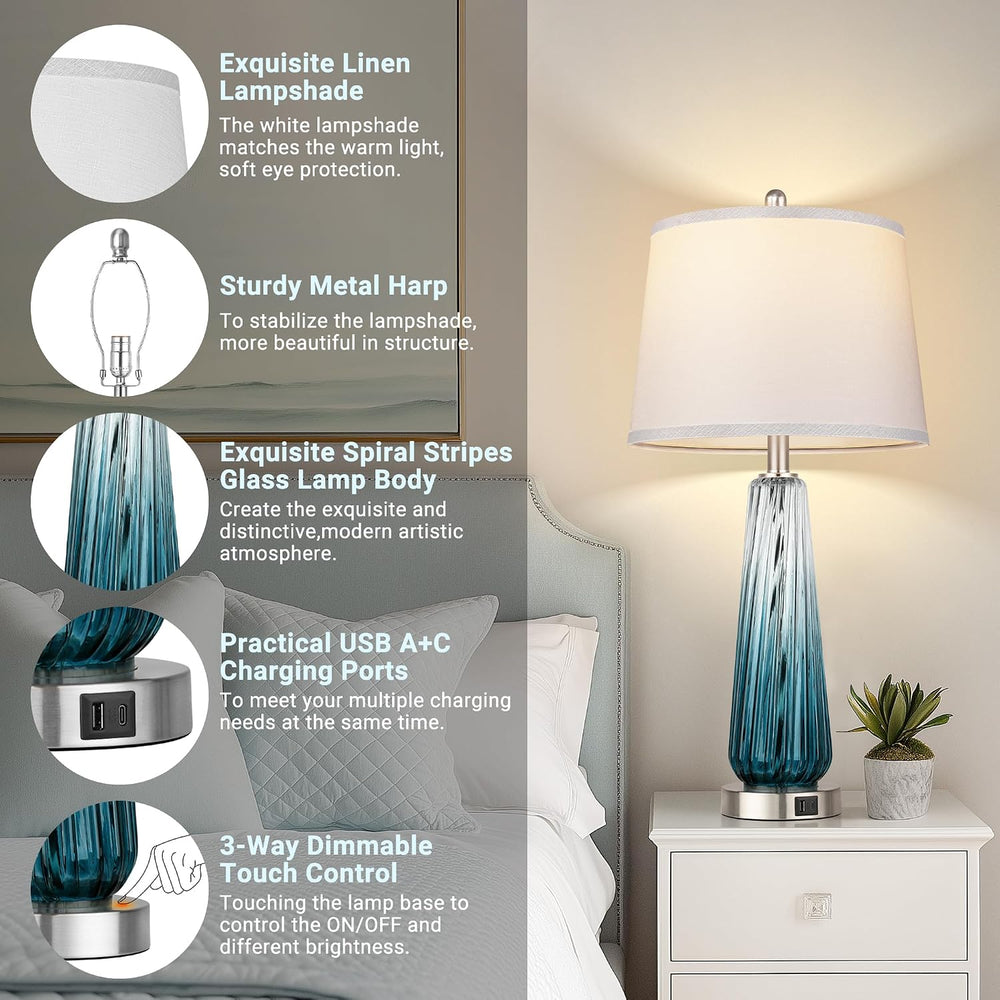 Table Lamps Set of 2 with Touch Control, Modern Glass Bedside Lamps with USB ...
