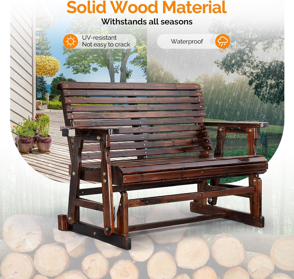 VINGLI Outdoor Glider Wood Patio Chair with Cup Holders, Outdoor Bench Glider...