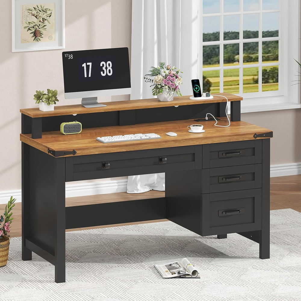 47" Farmhouse Computer Desk with Drawers & Outlets for Home Office, ...