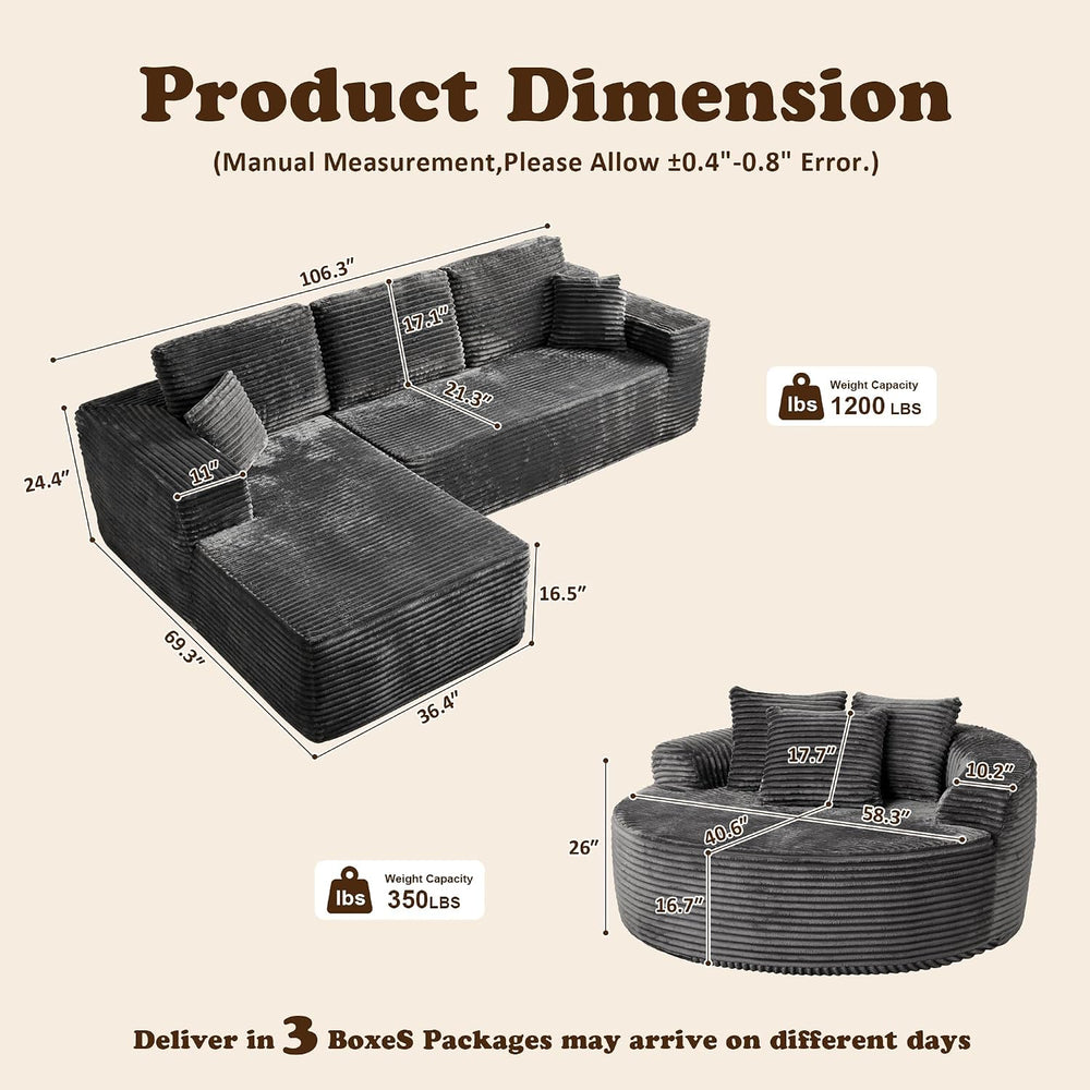 164" Boneless Cloud Couch with Round Chair, Modular Sectional Sofa with ...
