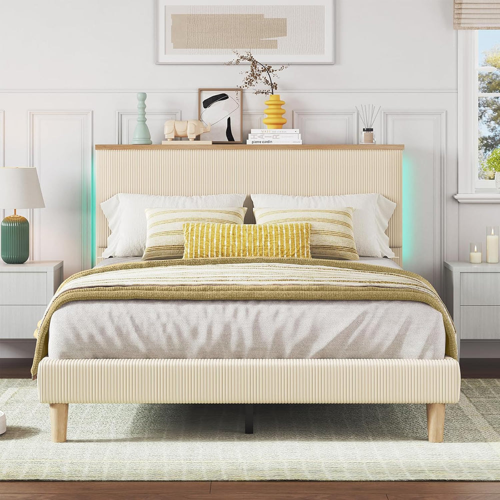 Bestier Queen Bed Frame with Storage Headboard & LED, Upholstered, Beige