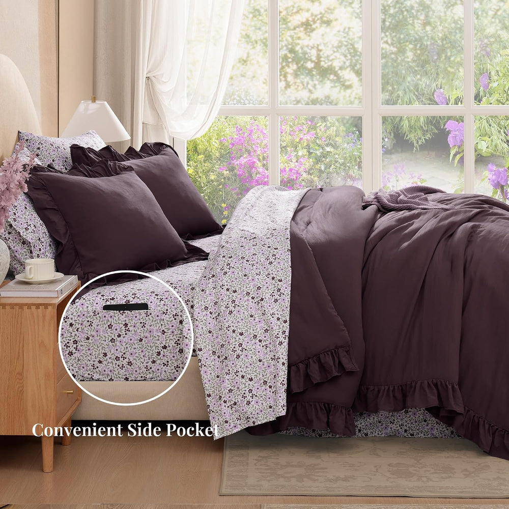 BLOOMHAVEN Full Size Comforter Sets-7 Pieces Ruffle Bedding Floral Sheet