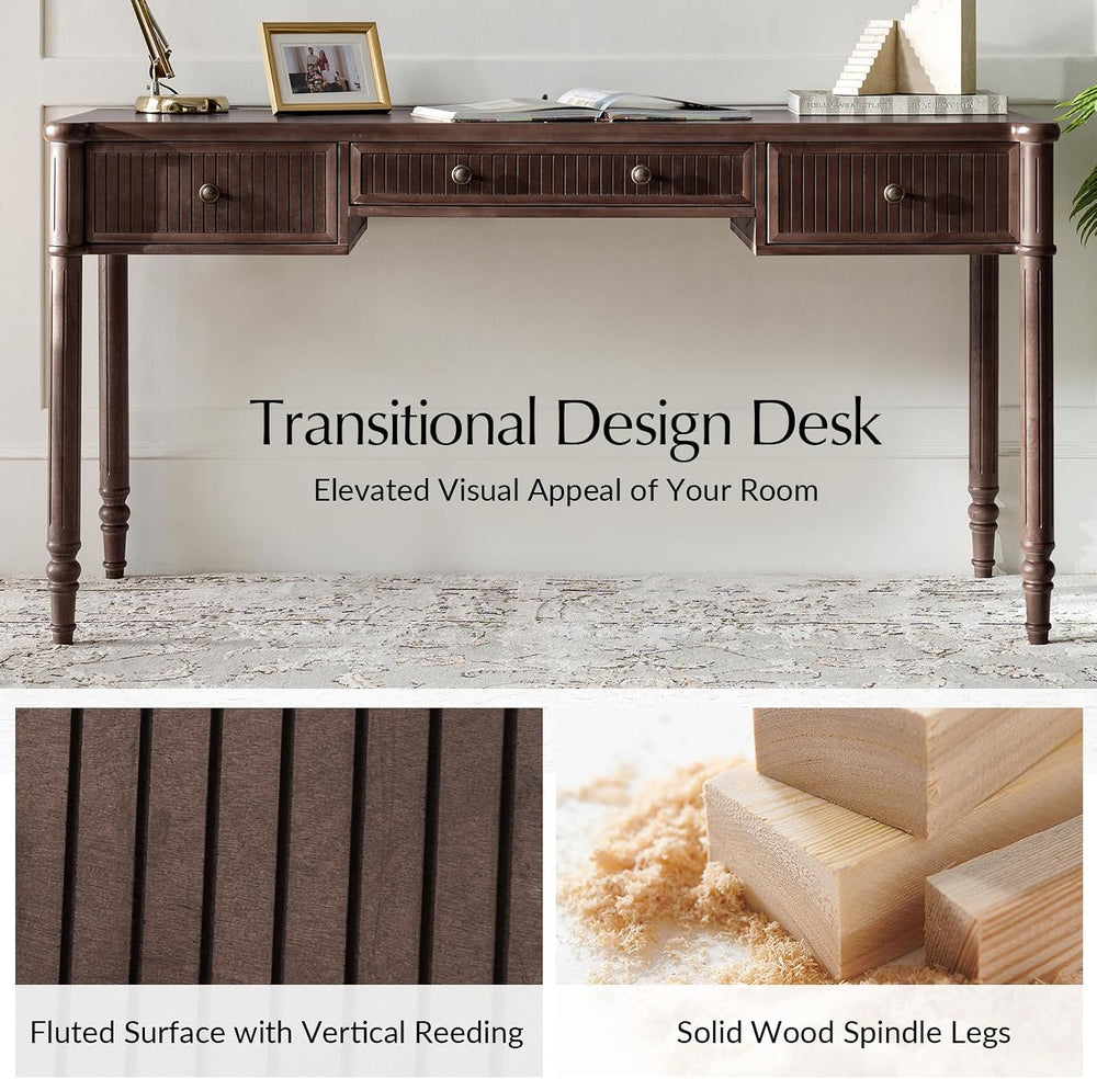 HULALA HOME 60 Inches Fluted Writing Desk with Charging Station, Walnut