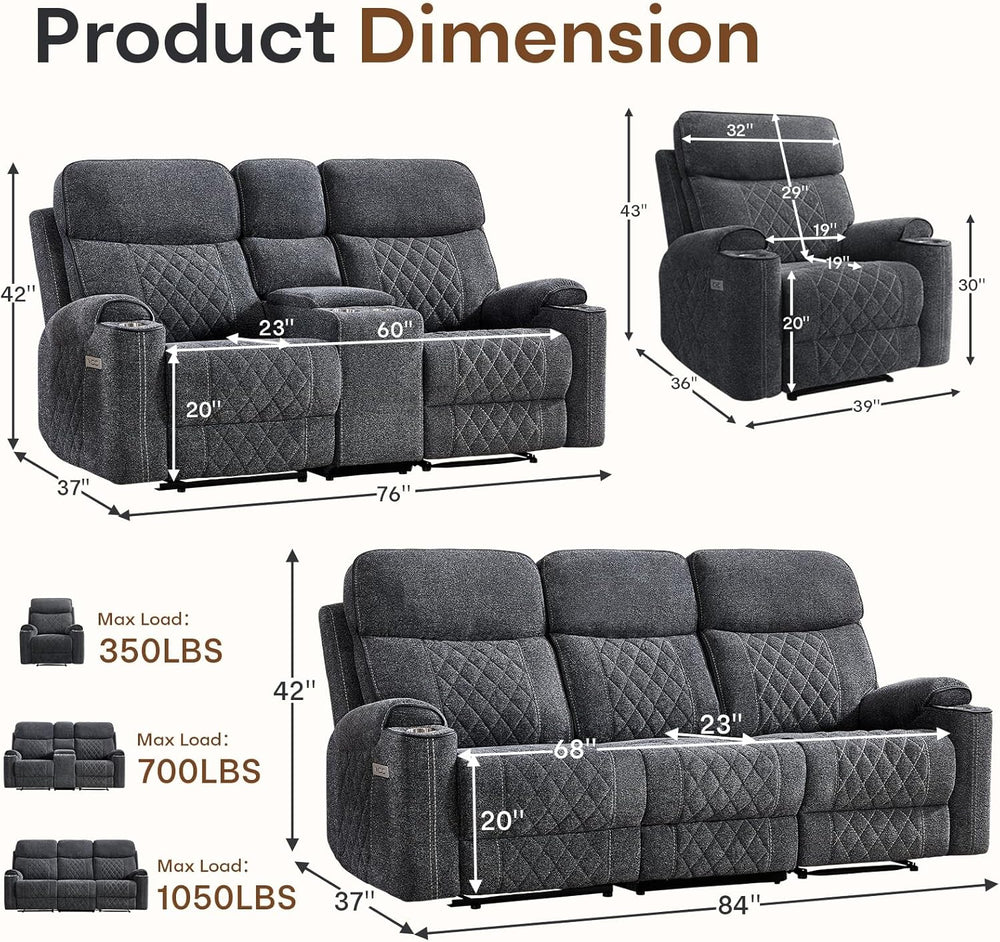 HAOMARKETS 3-Piece Power Recliner Sofa Set with Charging Port, Include Single...
