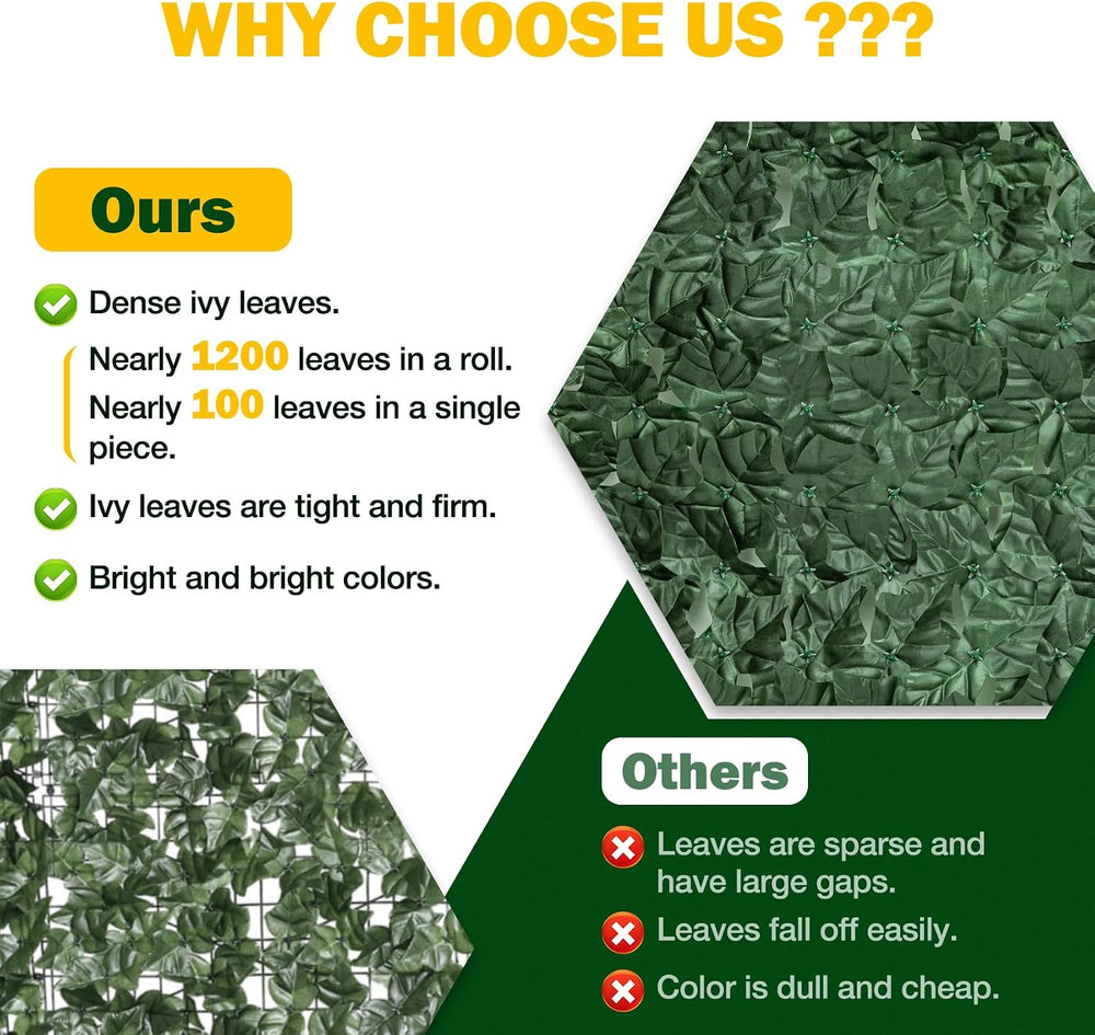 Artificial Ivy Privacy Fence Screen, 240x40 inch Dense Leaf Green Ivy Wall Pa...