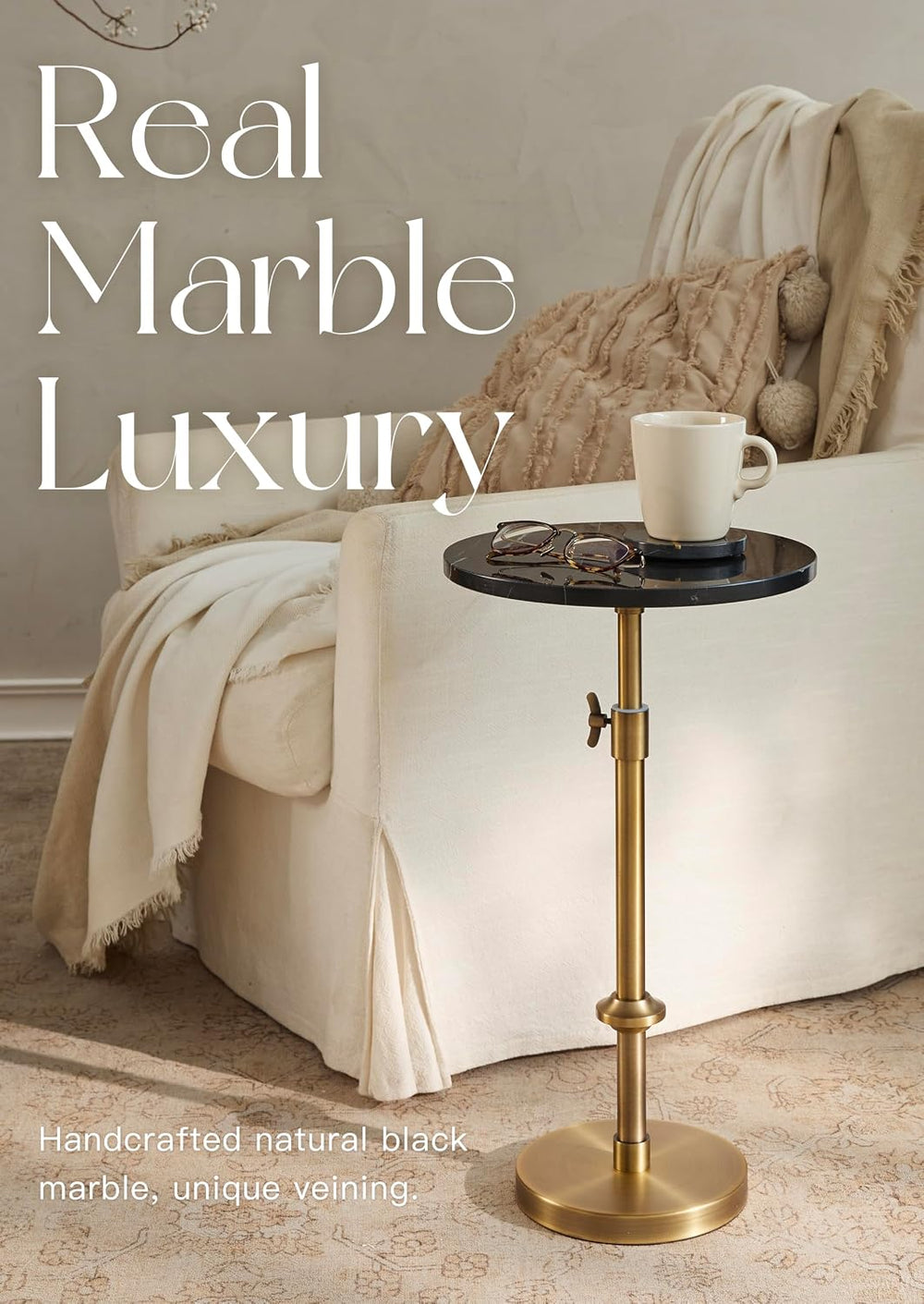 Adjustable 12" Black Marble Drink Table with 2 Coasters, Antique Brass